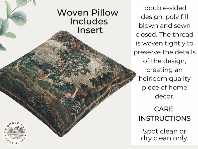 May include: Square woven cushion with a forest scene design in green, brown, and beige. The cushion includes an insert and has a double-sided design. The text "Woven Pillow Includes Insert" is visible.