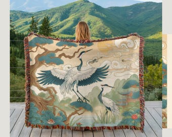 Crane Tapestry Blanket - Woven Japandi Wall Art - Wabi-sabi Asian Decor Throw