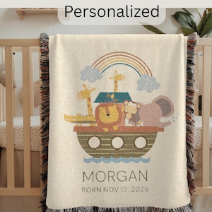 Noah&#39;s Ark Baptism Blanket Personalized, Custom Name Throw Christian Baby Christening Gift, Baptism Gift, Cotton Baby Blanket Nursery Decor