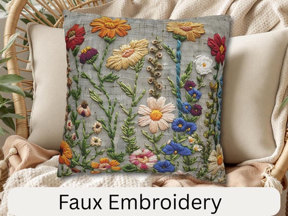 Faux Embroidered Wildflower Pillow Cover | Cottagecore Throw Pillow | Rustic Floral Spring Accent