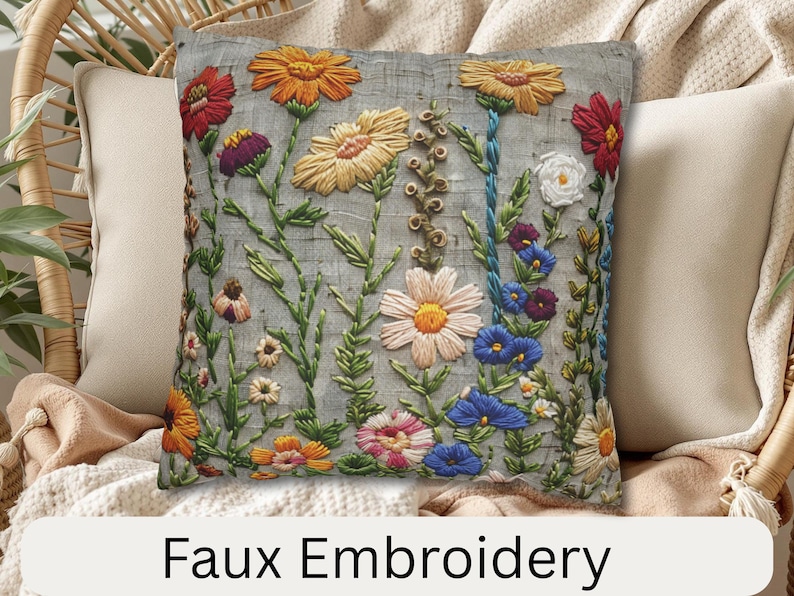 Pu&ograve; includere: Cuscino quadrato con finto ricamo di fiori colorati nei toni del rosso, arancione, giallo, blu e bianco su sfondo grigio. Il cuscino &egrave; appoggiato su un cuscino beige e una sedia in vimini.
