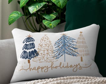 Happy Holidays Lumbar Pillow - Modern Christmas Tree Pillow - Blue & Gold Holiday Decor