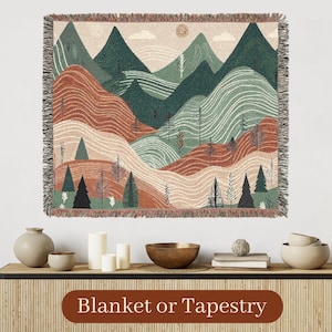 Boho Mountains Tapestry Throw - Cozy Woven Blanket Landscape Art -  Earthy Wall Decor