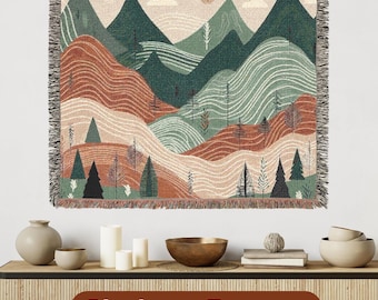 Boho Mountains Tapestry Throw - Cozy Woven Blanket Landscape Art -  Earthy Wall Decor