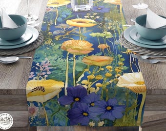 Artistieke botanische tafelloper - tafelloper wilde bloemen - op klimt geïnspireerde interieurdecoratie - art nouveau tafeldecor - blauwgouden bloemenloper