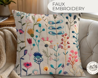 Embroidery Print Wildflower Pillow Cover - Boho Cottagecore Throw Pillow - Rustic Floral Farmhouse Decor