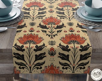Block Print Floral Table Runner - Indian Inspired Boho Dining Decor - Rust Orange Botanical Runner