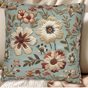 Boho Embroidery-look Floral Cushion - Cottagecore Wildflower Throw Pillow Cover -