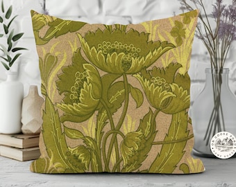 Olive Green Gold Floral Decor Pillow Cover - Vintage Botanical Tapestry Style Throw Pillow