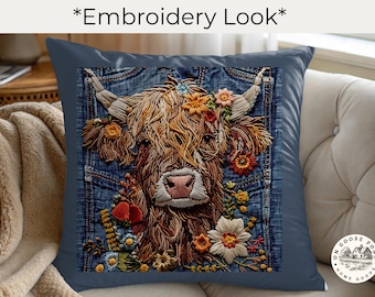 Highland Cow Faux Embroidered Print Throw Pillow Cover - Boho Farmhouse Decor - Rustic Scottish Cow Cushion - Cute Cow Lover Gift