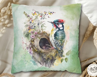 Woodpecker Throw Pillow Cover – Nature-Inspired Decor Gift