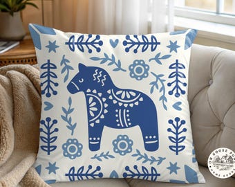 Swedish Dala Horse Throw Pillow Cover - Hygge Decor - Scandi Folk Art Accent - Nordic Home Decor