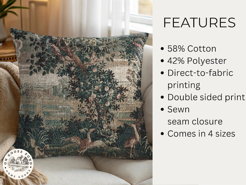 May include: Square cushion with a tapestry design depicting a landscape scene with trees, birds, and water in shades of green, beige, and brown. The cushion is on a beige sofa. Made from 58% cotton and 42% polyester.