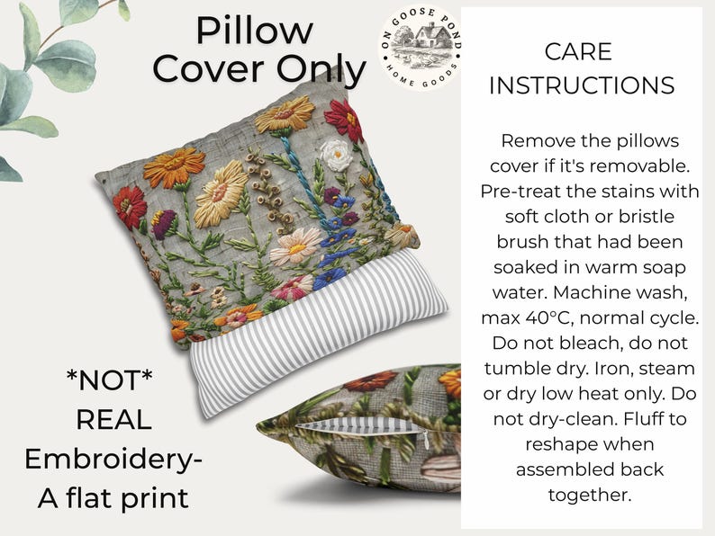 Pu&ograve; includere: Fodera per cuscino grigia con ricamo floreale nei colori arancione, giallo, rosso e blu. Il cuscino ha un dettaglio a righe e il testo "Pillow Cover Only". &Egrave; visibile anche il testo "*NOT* REAL Embroidery- A flat print".