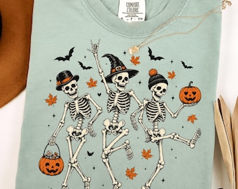 Dancing Skeleton Halloween Shirt, Vintage Spooky Season Tee, Funny Skeleton Trio Graphic Apparel