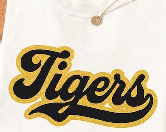 Tigers Faux Glitter Shirt, Black Gold School Spirit Tee, Retro Script Game Day Top