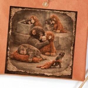 May include: Orange Comfort Colors t-shirt with a sepia-toned graphic of several monkey plush toys in various poses. A gold necklace with a pendant and a brown hat are also visible.