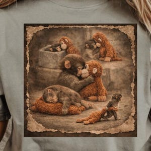 May include: Sage green t-shirt featuring a sepia-toned graphic of several monkeys in various poses. The image includes monkeys hugging, sleeping, and interacting within a stone-like border. The design evokes a vintage, artistic aesthetic.