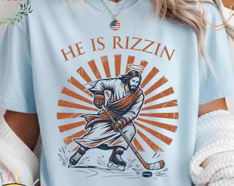 He Is Rizzin Jesus Hockey Graphic, Funny Christian Meme Design, Vintage Religious Humor Apparel