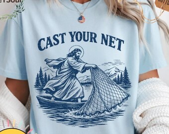Cast Your Net Shirt Christian Fishing Graphic Tee, Vintage Faith Lake Scene Apparel