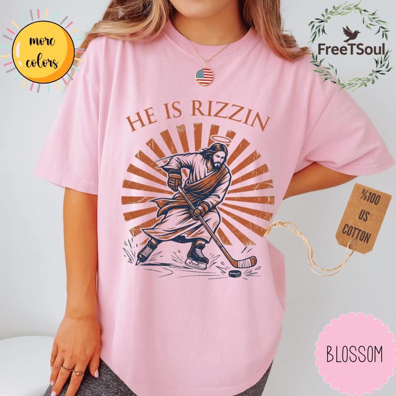 He Is Rizzin Jesus Hockey Graphic, Funny Christian Meme Design, Vintage Religious Humor Apparel image 7