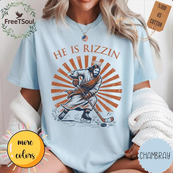 He Is Rizzin Jesus Hockey Graphic, Funny Christian Meme Design, Vintage Religious Humor Apparel