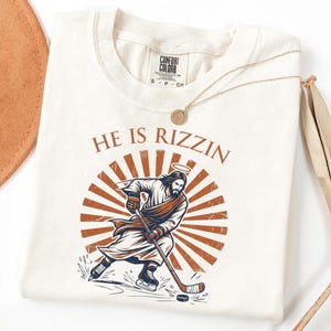 He Is Rizzin Jesus Hockey Graphic, Funny Christian Meme Design, Vintage Religious Humor Apparel image 12