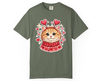 Camiseta de San Valentín con gato kawaii, diadema de corazón y colores cómodos