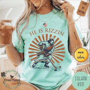 He Is Rizzin Jesus Hockey Graphic, Funny Christian Meme Design, Vintage Religious Humor Apparel image 10
