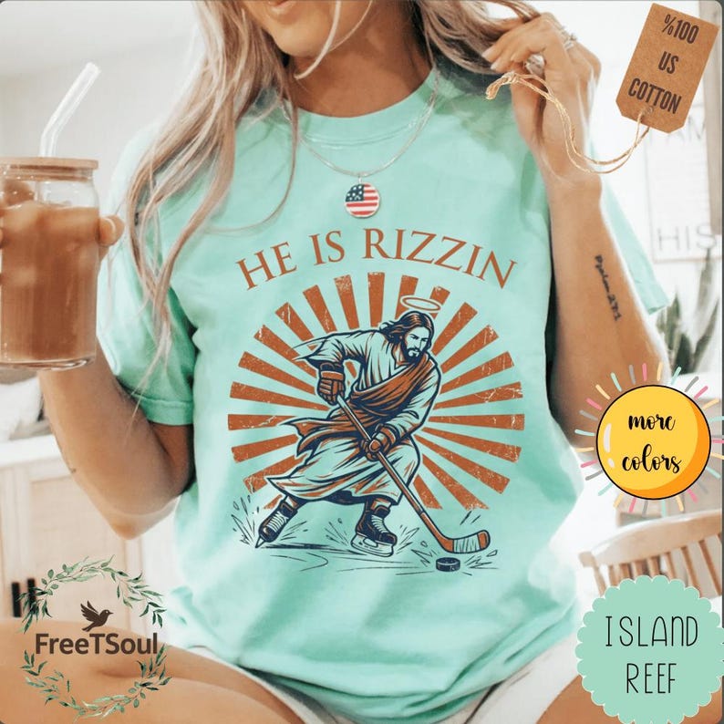 He Is Rizzin Jesus Hockey Graphic, Funny Christian Meme Design, Vintage Religious Humor Apparel image 10