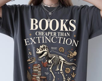 Dinosaur Book Lover Shirt, Funny Reading Dino Tee, T Rex Bookworm Graphic Teacher Apparel