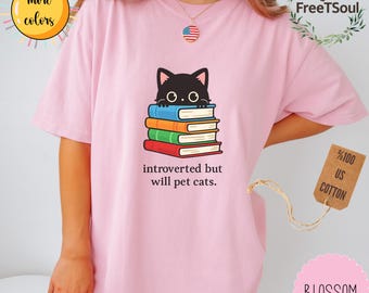 Introverted But Will Pet Cats Shirt Funny Cat Lover Tee, Bookish Introvert Graphic Top