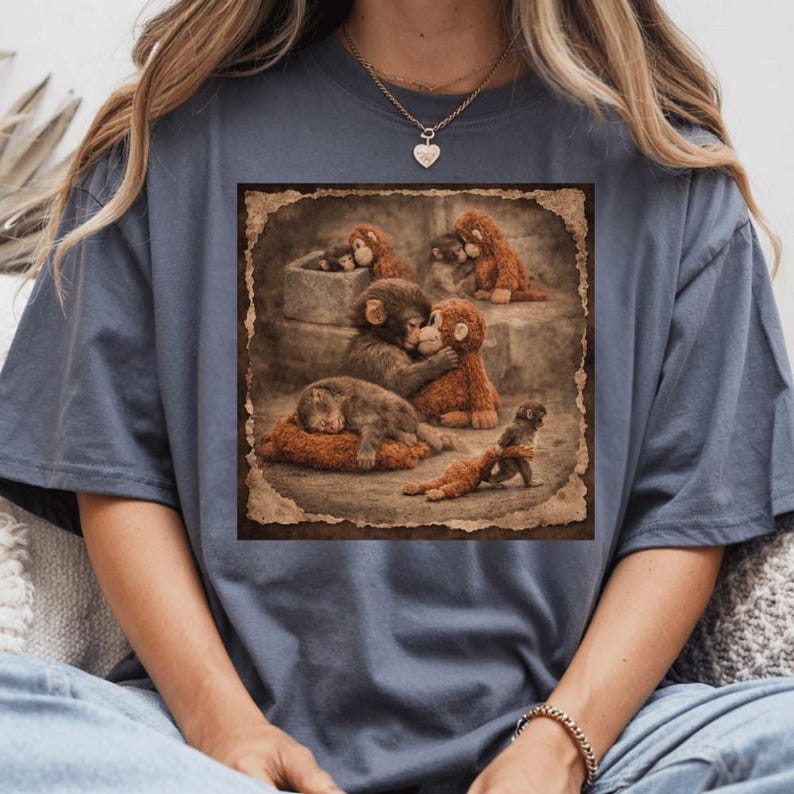 May include: A blue-grey t-shirt with a framed image of monkey plush toys. The image has a sepia-toned, vintage aesthetic. The monkeys are in various poses, including hugging, sleeping, and standing. The overall design evokes a sense of nostalgia.
