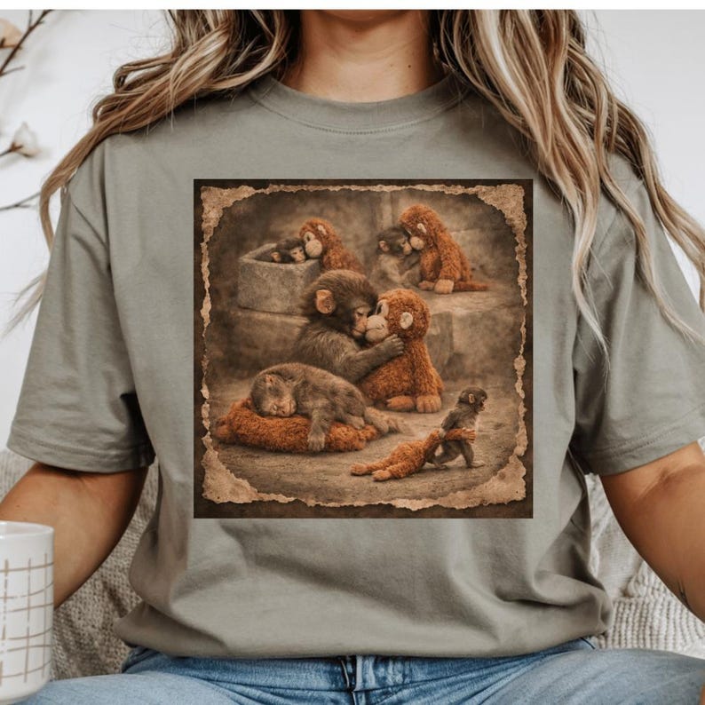 May include: Sage green t-shirt featuring a sepia-toned graphic of several monkeys in various poses. The image includes monkeys hugging, sleeping, and interacting within a stone-like border. The design evokes a vintage, artistic aesthetic.