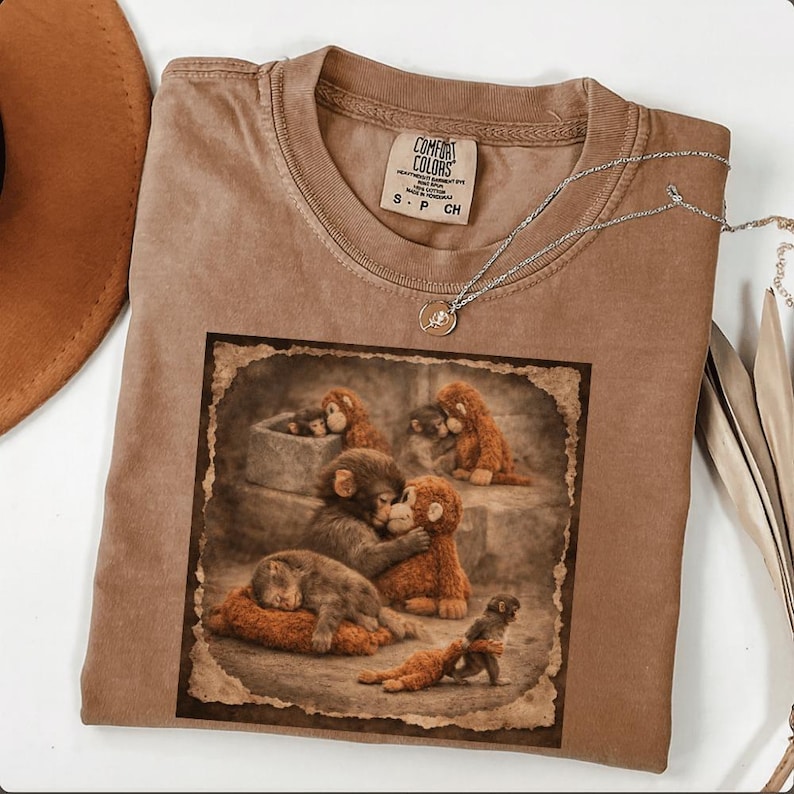 May include: A brown Comfort Colors t-shirt featuring a graphic of several monkeys in a sepia-toned image. The shirt has a crew neck and short sleeves. A silver necklace with a small pendant is draped across the shirt.