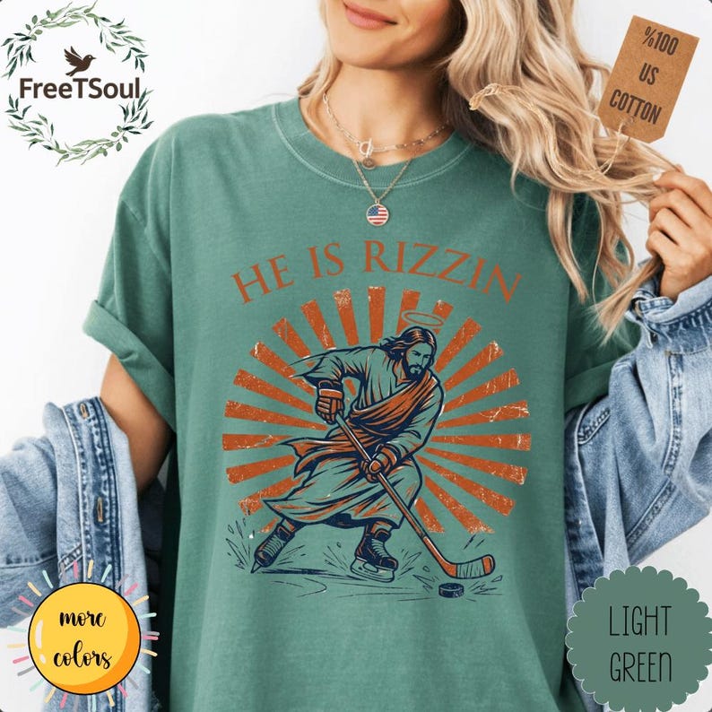 He Is Rizzin Jesus Hockey Graphic, Funny Christian Meme Design, Vintage Religious Humor Apparel image 8