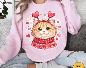 Sudadera de gato de San Valentín - Gatito pelirrojo con diadema de corazón