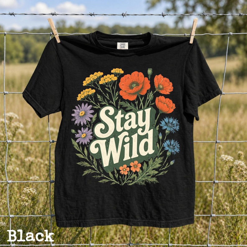 Boho Stay Wild Wildflower Shirt, Botanical Floral Tee, Vintage Nature Graphic Shirt, Cottagecore Gift image 2