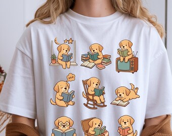 Reading Golden Retriever Shirt, Book Lover Dog Tee, Cute Reading Dog Shirt, Librarian Gift, Bookworm Puppy Tee