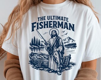 Jesus Fisherman Graphic Tee, Christian Fishing Shirt, Vintage Faith Outdoor Apparel