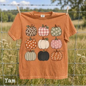 May include: A burnt orange short-sleeve t-shirt featuring a graphic print of nine pumpkins arranged in a grid. Each pumpkin displays a different pattern, including leopard print, pink gingham, floral, polka dots, solid white, hearts, stripes, solid black, and vines.