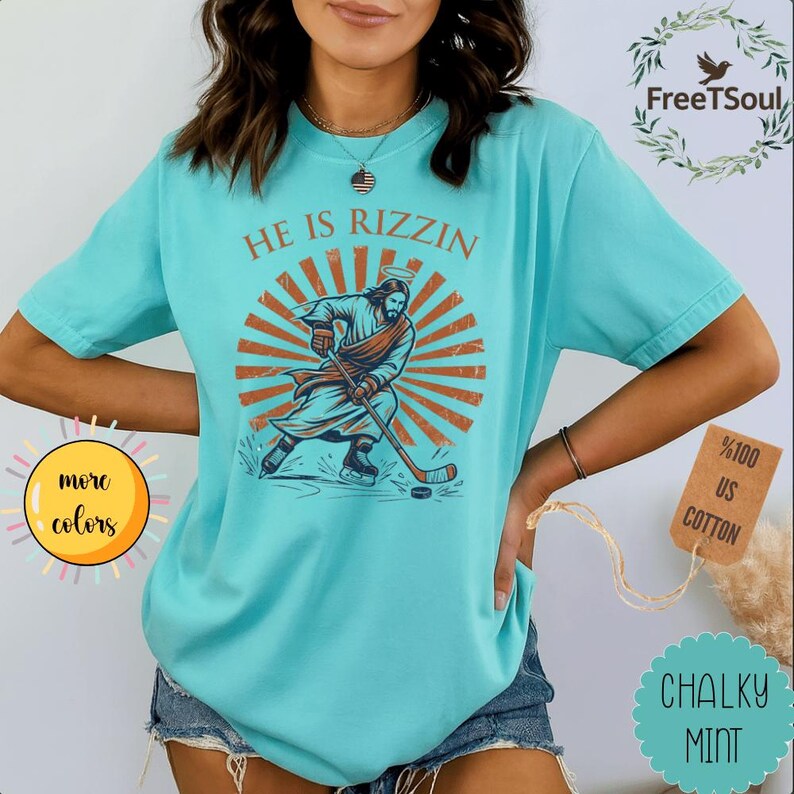 He Is Rizzin Jesus Hockey Graphic, Funny Christian Meme Design, Vintage Religious Humor Apparel image 5