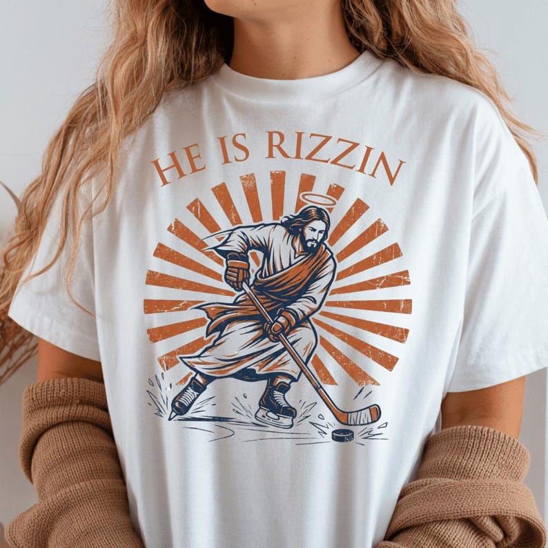 He Is Rizzin Jesus Hockey Graphic, Funny Christian Meme Design, Vintage Religious Humor Apparel image 4