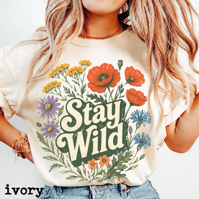 Boho Stay Wild Wildflower Shirt, Botanical Floral Tee, Vintage Nature Graphic Shirt, Cottagecore Gift image 7