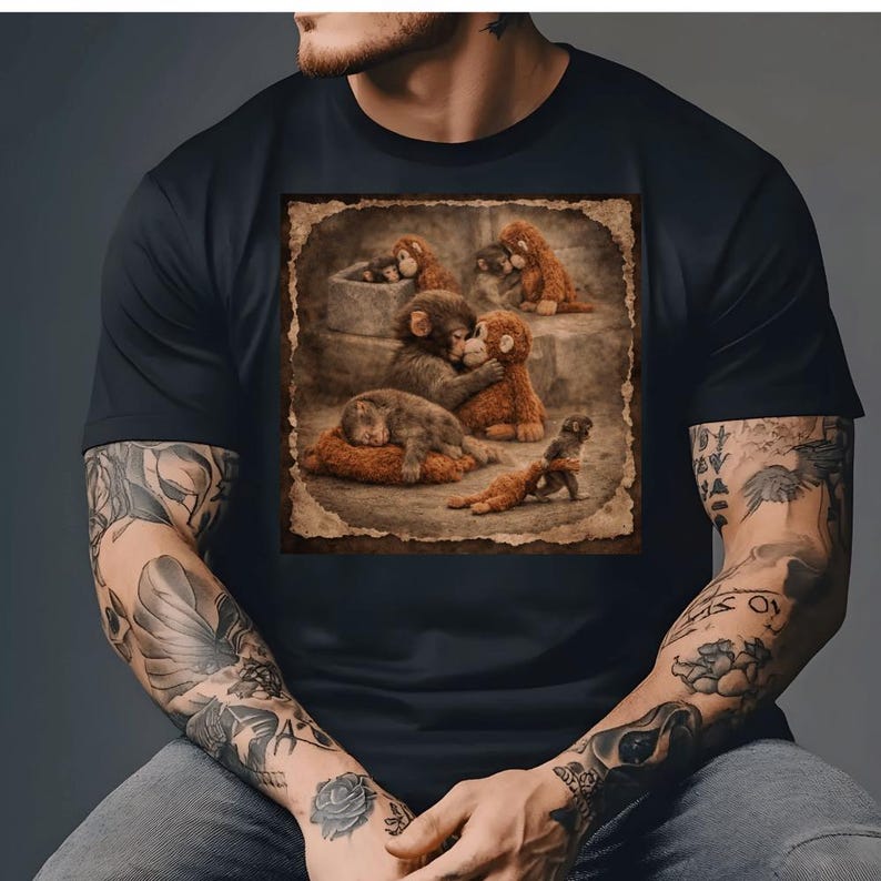 May include: Black t-shirt featuring a detailed graphic of several monkey plush toys in various poses. The image has a vintage, sepia-toned aesthetic, with the monkeys in shades of brown and tan. The design is centered on the shirt.