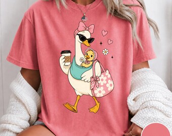 Goose Mom Shirt, Cute Mama Goose Graphic Tee, Mother Goose Coffee Floral Tote Apparel