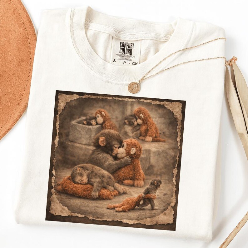 May include: Cream-colored t-shirt featuring a sepia-toned image of several monkey plush toys in various poses. The image is framed with a brown border. A gold necklace with a pendant rests on the shirt. The tag reads "Comfort Colors".