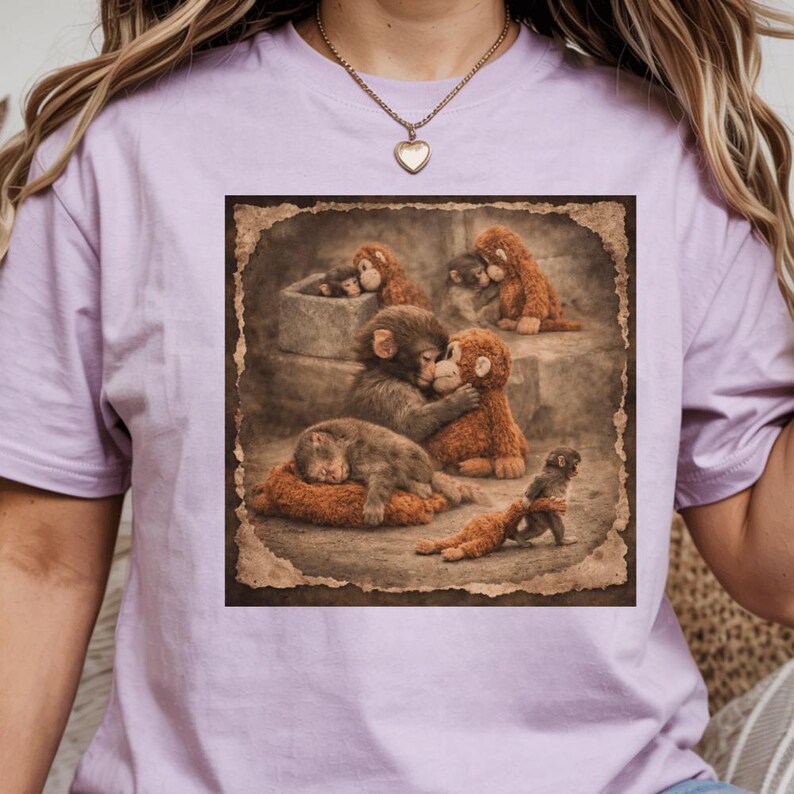 May include: A lilac t-shirt with a detailed illustration of monkeys in different poses. The artwork has a vintage, sepia-toned aesthetic, with monkeys hugging, sleeping, and interacting within a stone-like setting.