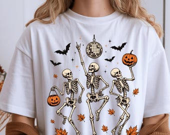 Dancing Skeleton Halloween Shirt, Disco Skeleton Graphic Tee, Spooky Season Party Skeleton Apparel