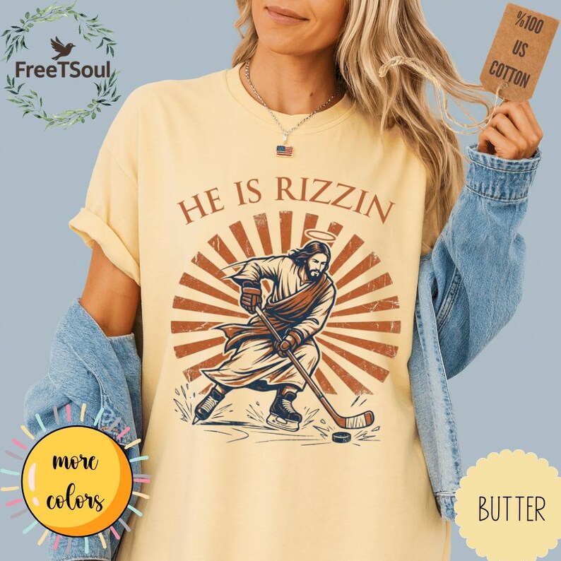 He Is Rizzin Jesus Hockey Graphic, Funny Christian Meme Design, Vintage Religious Humor Apparel image 9